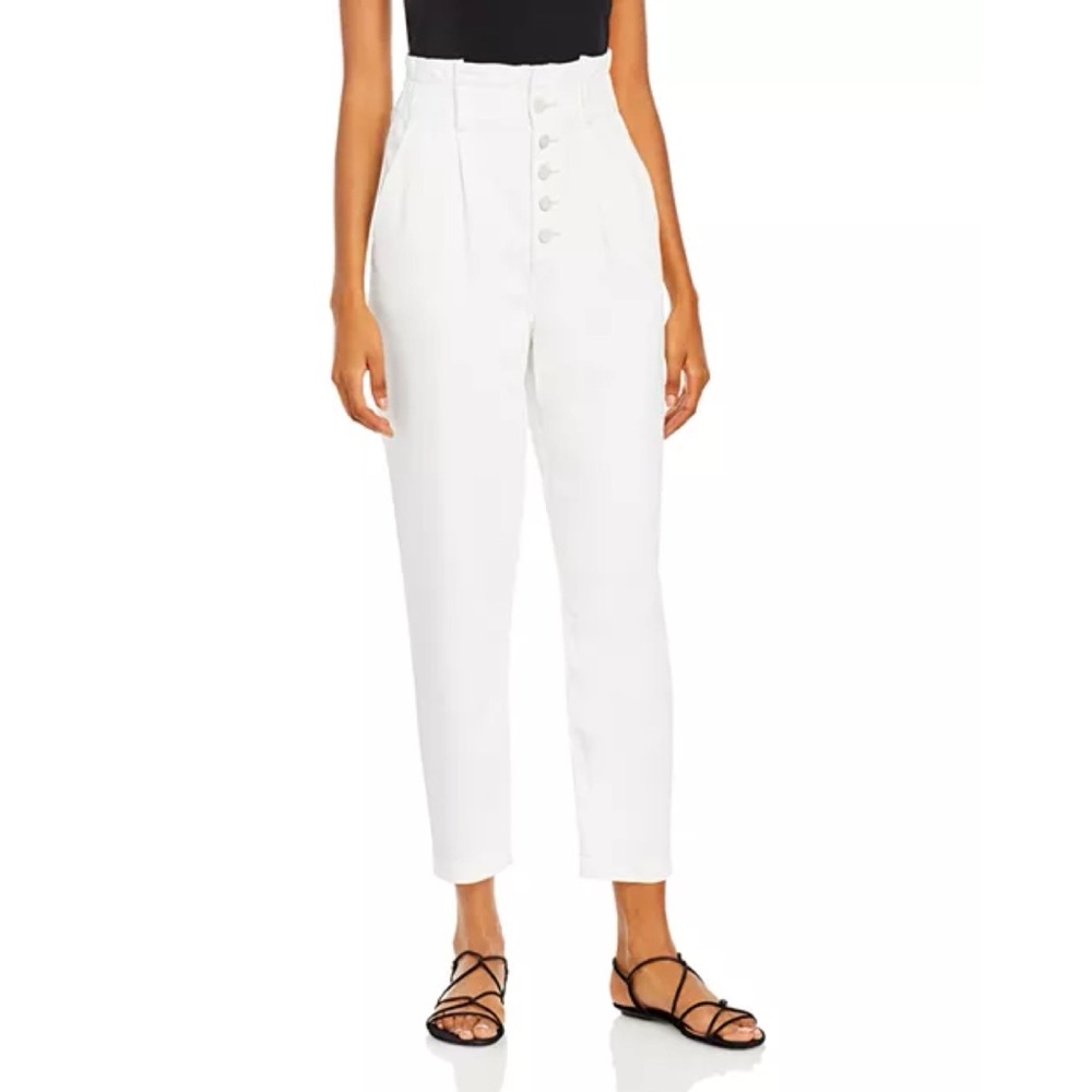 Paige Pleated Carrot Leg Jeans in White Exposed Button Fly Ruffle Waist Minimal